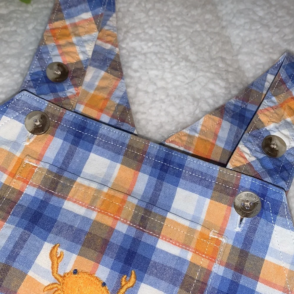 Janie and Jack Crab Overalls EUC Blue & Orange Shortalls 6-12M